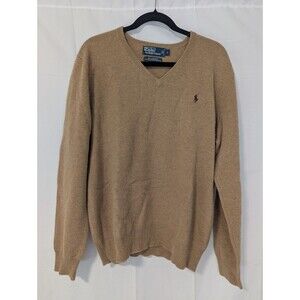 VTG Polo Ralph Lauren Men’s V Neck Pullover 100% Lambswool Sweater Tan Size XL